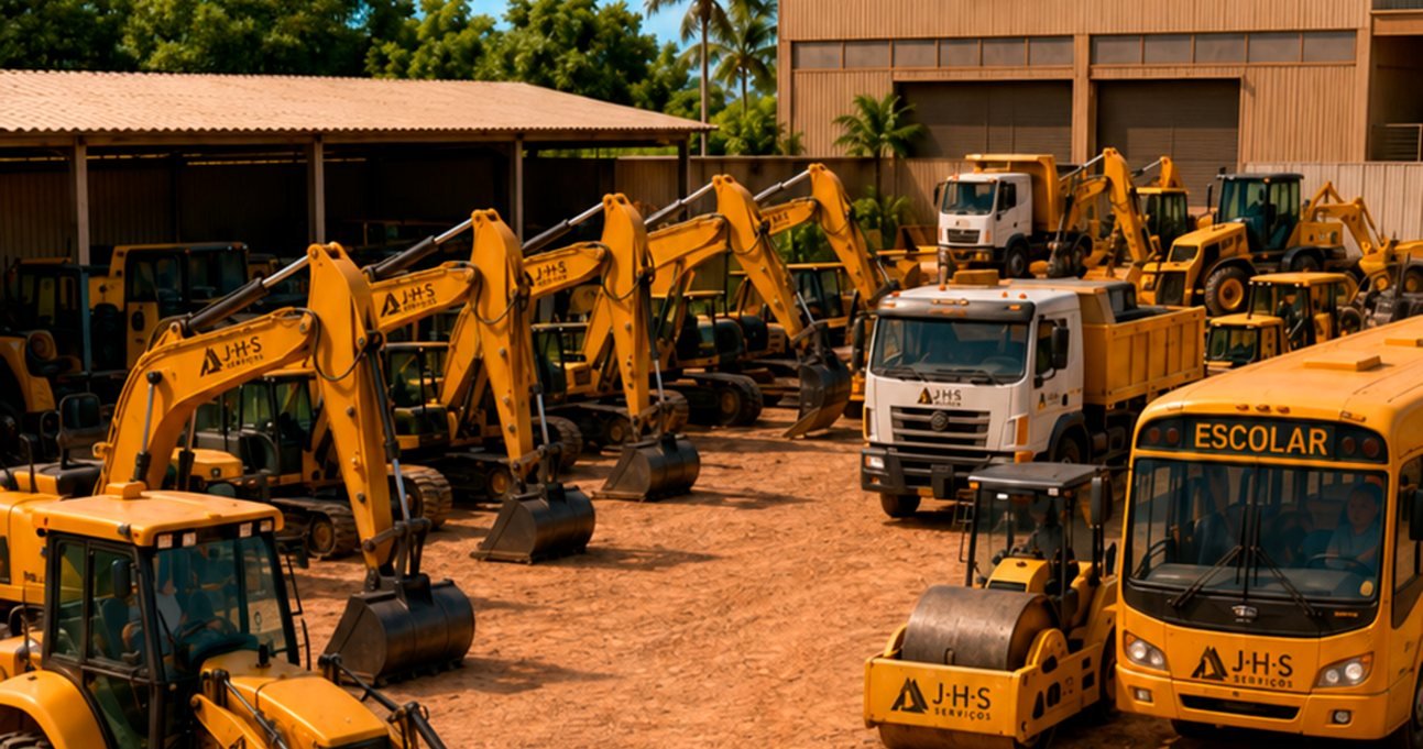 Pátio da JHS com escavadeiras, caminhão, rolo compactador e ônibus escolar